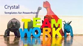  Presentation with wooden toy - Slide set featuring tyrannosaurus - word team work with wooden background and a sky blue colored foreground