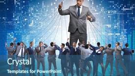  Presentation with employee - Colorful presentation design enhanced with tyrant - boss employee manipulating his staff backdrop and a ocean colored foreground