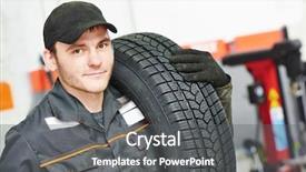  Presentation with maintenance industry - Presentation design featuring tyre industry - repairman mechanic portrait in car background and a dark gray colored foreground