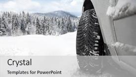  Presentation with snow blizzard in winter - PPT theme featuring tyre industry - winter tire in snow close background and a light gray colored foreground