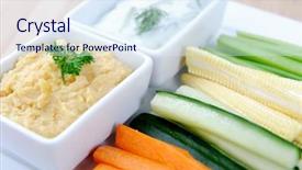  Presentation with chickpea - PPT layouts having tzatziki yoghurt and cucumber and hummus chickpea dips with raw carrot cucumber corn and celery background and a sky blue colored foreground