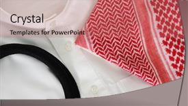 Presentation with clothing - Amazing PPT theme having uae clothing - arabian gulf clothes backdrop and a coral colored foreground