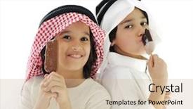  Presentation with arabic kids - Audience pleasing presentation design consisting of uae clothing - arabic kids eating ice-cream backdrop and a soft green colored foreground