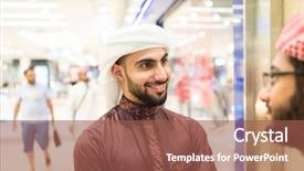 Presentation with two people talking - Slide deck with uae clothing - arabic people talking background and a  colored foreground
