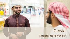  Presentation with two people talking - Colorful PPT theme enhanced with uae clothing - arabic people talking backdrop and a  colored foreground