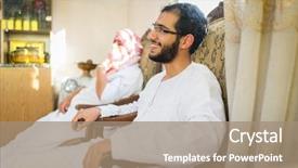  Presentation with arabic - Presentation design with uae clothing - arabic young man sitting background and a  colored foreground