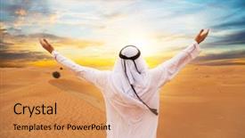  Presentation with arabic - PPT theme consisting of uae clothing - backview of arabian man background and a coral colored foreground