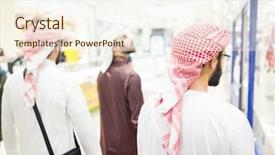  Presentation with walking together - PPT theme featuring uae clothing - group of arab men walking background and a  colored foreground