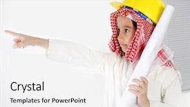  Presentation with arabic - Beautiful presentation theme featuring uae clothing - little cute arabic child engineer backdrop and a white colored foreground