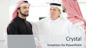  Presentation with arabic - Slide deck having uae clothing - successful arabic business people shaking background and a sky blue colored foreground