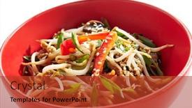  Presentation with food chicken - Slide deck having udon-noodle-with-teriyaki-chicken background and a red colored foreground