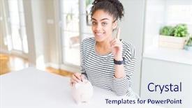  Presentation with invest - Presentation theme having uestion money - young african american woman putting background and a sky blue colored foreground