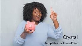  Presentation with african american woman question - Slide set featuring uestion money - young african american woman background and a light blue colored foreground