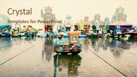  Presentation with wooden toy - Slide deck featuring ufo - small tin toy train background and a cream colored foreground