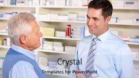 Presentation with pharmacy - Slide set featuring medication older person - uk pharmacist serving senior man background and a sky blue colored foreground