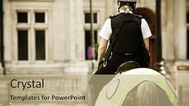  Presentation with london - Theme enhanced with uk police - young mounted policewoman patrolling background and a coral colored foreground