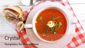 Presentation with beetroot - Colorful slide deck enhanced with ukrainian beetroot soup - borscht on napkin on wooden background backdrop and a coral colored foreground