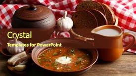  Presentation with beetroot - PPT theme enhanced with ukrainian beetroot soup - borscht in bowl and pot on napkin on wooden background background and a tawny brown colored foreground