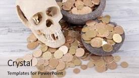  Presentation with round table - PPT layouts consisting of ukrainian coins on wooden table background and a  colored foreground