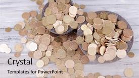  Presentation with round table - Theme featuring ukrainian coins on wooden table background and a  colored foreground