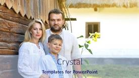  Presentation with clothing - Theme enhanced with ukrainian family in traditional clothing vyshyvanka over landscape of tipical ucrainian village summer outdoor ukrainian people posing near the house slavic mother father and son background and a sky blue colored foreground