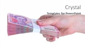  Presentation with money - Presentation theme with ukrainian money in hand isolated on white background and a white colored foreground