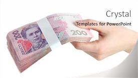  Presentation with money - Cool new theme with ukrainian money in hand isolated on white backdrop and a white colored foreground