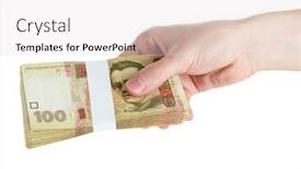  Presentation with money - PPT theme consisting of ukrainian money in hand isolated on white background and a lemonade colored foreground