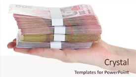  Presentation with waiter hand in white glove - Slides enhanced with ukrainian money in hand isolated background and a  colored foreground