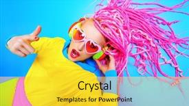  Presentation with fashion show - PPT theme having ultra trendy dj party girl in bright clothes headphones and with bright dreadlocks disco party show business bright fashion background and a yellow colored foreground