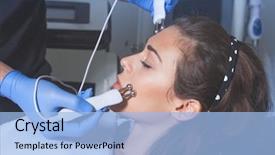  Presentation with medical spa - Slides having radio therapy - woman face treatment at medical background and a  colored foreground