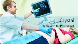  Presentation with gynecologist - Cool new slide deck with ultrasound test pregnancy gynecologist checking fetal life with scanner backdrop and a light blue colored foreground