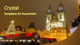  Presentation with purple night in the winter - Colorful PPT theme enhanced with umbrella church - old town square in prague backdrop and a  colored foreground