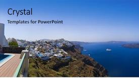  Presentation with santorini - Presentation featuring umbrella church - santorini panorama firostefani - vacation background and a light blue colored foreground