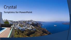  Presentation with vacation visit - Slide deck enhanced with umbrella church - santorini panorama firostefani - vacation background and a light blue colored foreground