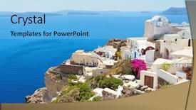  Presentation with santorini - Slides featuring umbrella church - santorini romantic island oia town background and a  colored foreground