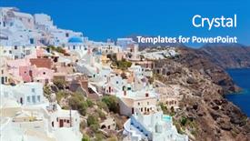  Presentation with santorini - Theme enhanced with umbrella church - santorini volcanic island oia town background and a  colored foreground