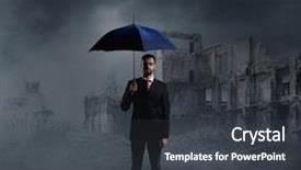  Presentation with businessman standing on mountain top - Slide deck having umbrella standing over apocalyptic background and a dark gray colored foreground