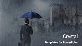  Presentation with businessman standing on maze - PPT theme enhanced with umbrella standing over apocalyptic background and a dark gray colored foreground