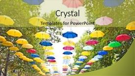  Presentation with examples street food - PPT layouts consisting of umbrellas hanging on the street background and a yellow colored foreground