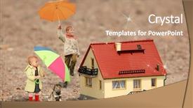  Presentation with puppy - Slides featuring children with umbrellas puppy and house model on ground collage background and a coral colored foreground