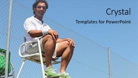  Presentation with friendly - Amazing PPT theme having umpire - man umpiring friendly tennis game backdrop and a  colored foreground