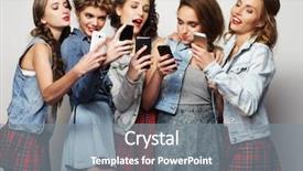  Presentation with smartphones - Amazing slide deck having umts - group of young women looking backdrop and a  colored foreground