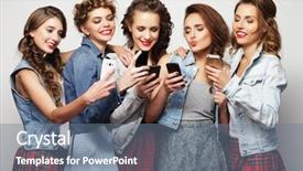  Presentation with smartphones - PPT layouts consisting of umts - group of young women looking background and a seafoam green colored foreground