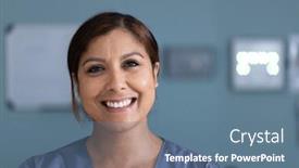  Presentation with medical smiling doctor - PPT theme consisting of unaltered-portrait-of-happy-asian background and a ocean colored foreground