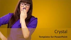  Presentation with turquoise and yellow music - Slides consisting of unbelief - portrait of a young woman background and a gold colored foreground