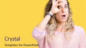  Presentation with eye - Colorful presentation theme enhanced with unbelieve - beautiful young blonde woman backdrop and a  colored foreground