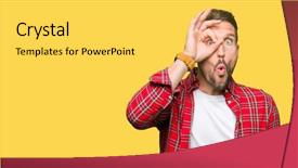  Presentation with eye - Amazing presentation theme having unbelieve - handsome man wearing casual shirt backdrop and a yellow colored foreground