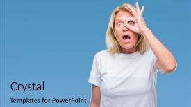  Presentation with eye - Beautiful PPT theme featuring unbelieve - middle age blonde woman backdrop and a  colored foreground