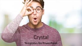  Presentation with eye glasses looking at world - Slide deck having unbelieve - young handsome man wearing glasses background and a  colored foreground